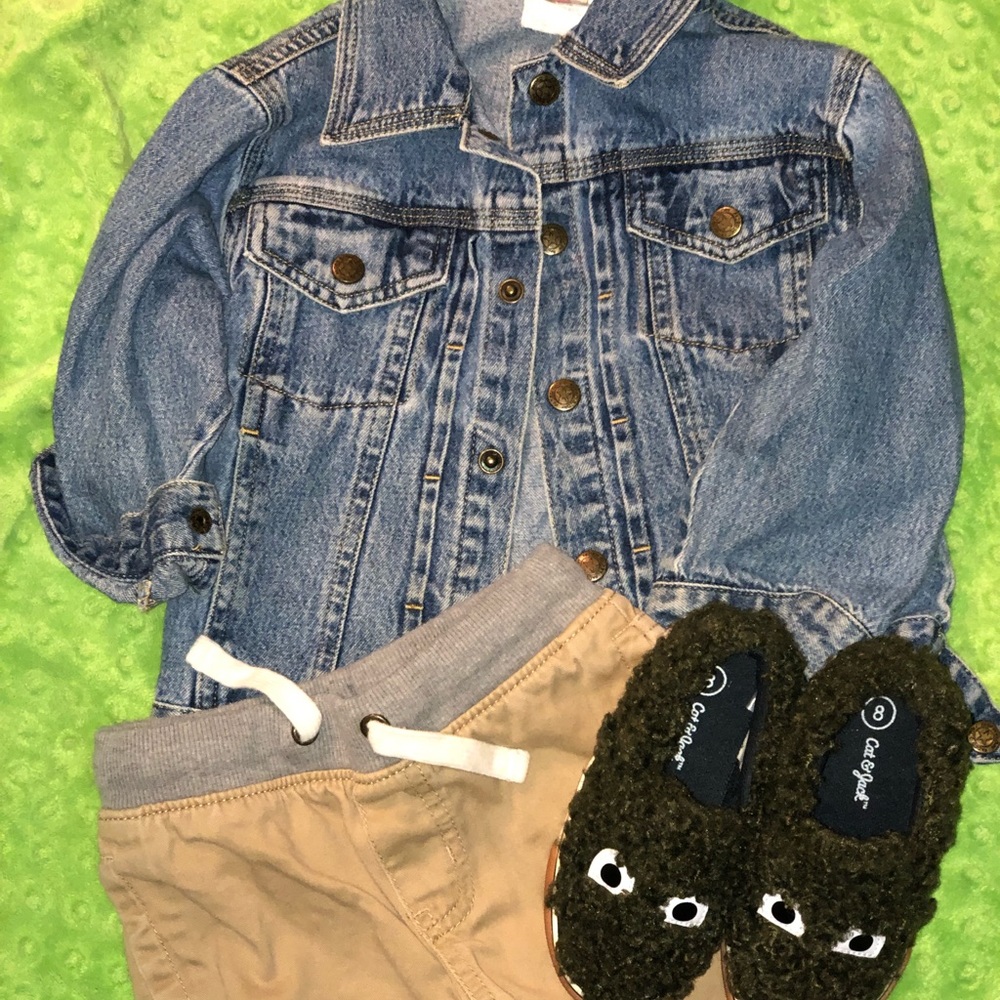 Set of Jean jacket, khakis, and shoes